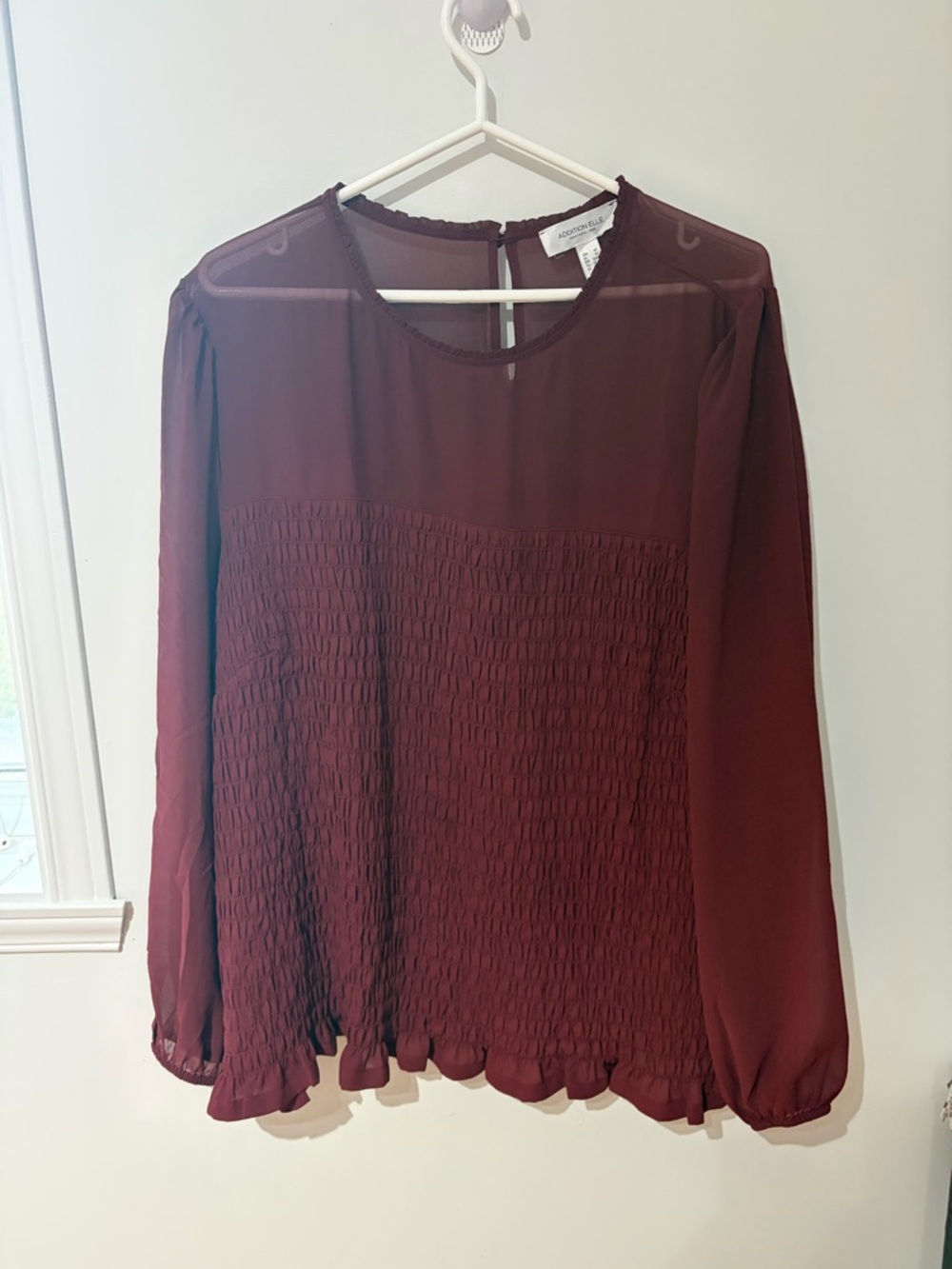 Burgundy Long-Sleeve Smocked Blouse